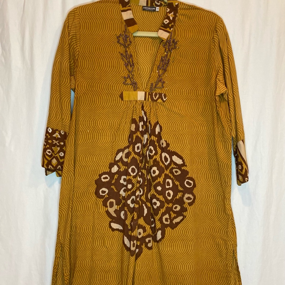 EARTHBOUND Mustard and Brown Long Sleeve Tunic Dress